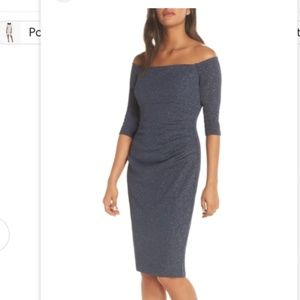 Eliza J Off shoulder Grey Glitter Sheath Midi Dress Size 6